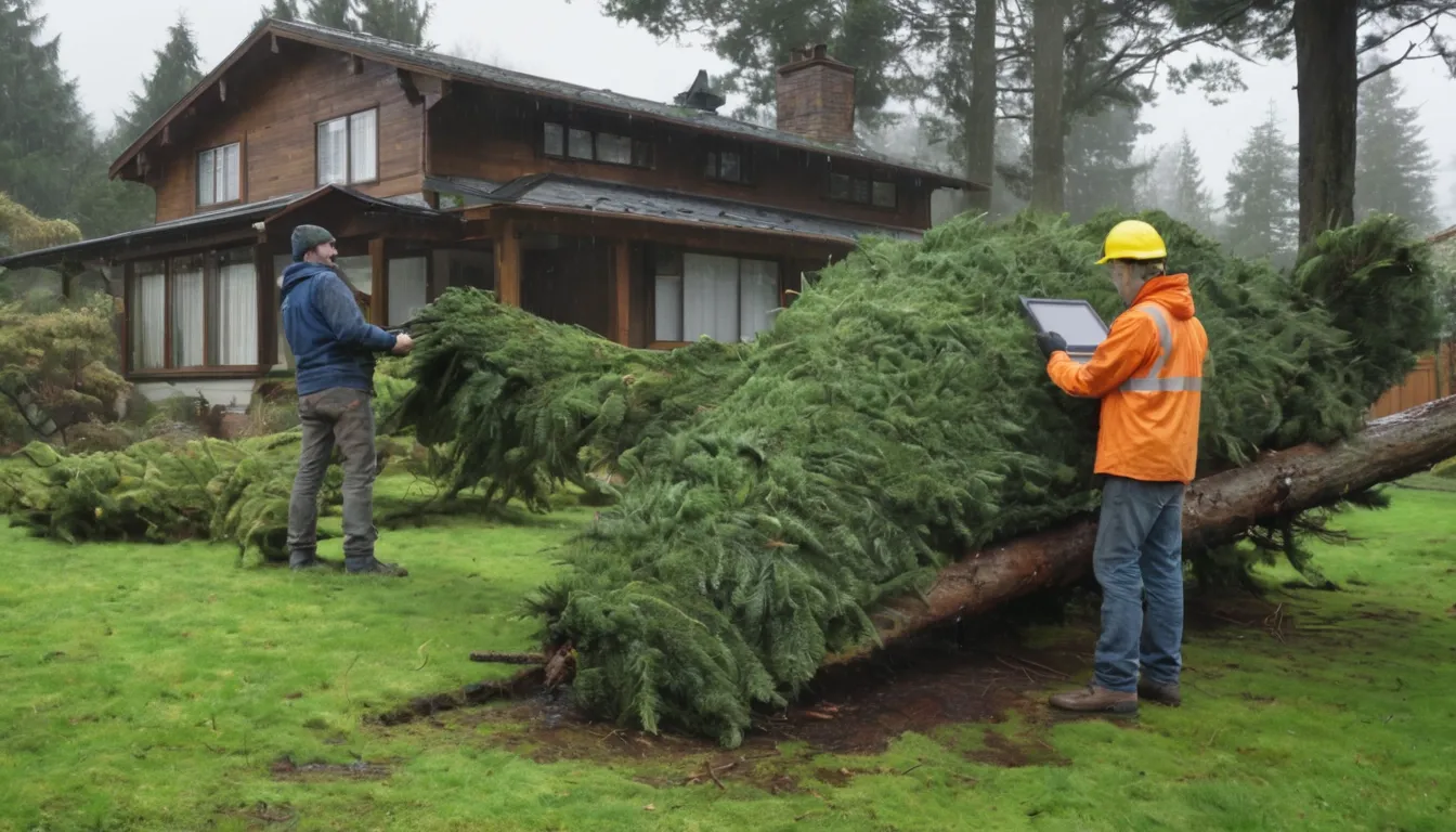 A local tree provider and a homeowner looking over a storm-damaged tree in a yard in Covington