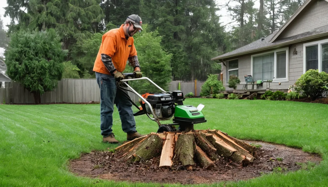 Provider operating a stump grinder on a backyard stump near a wood-frame home in the Covington area
